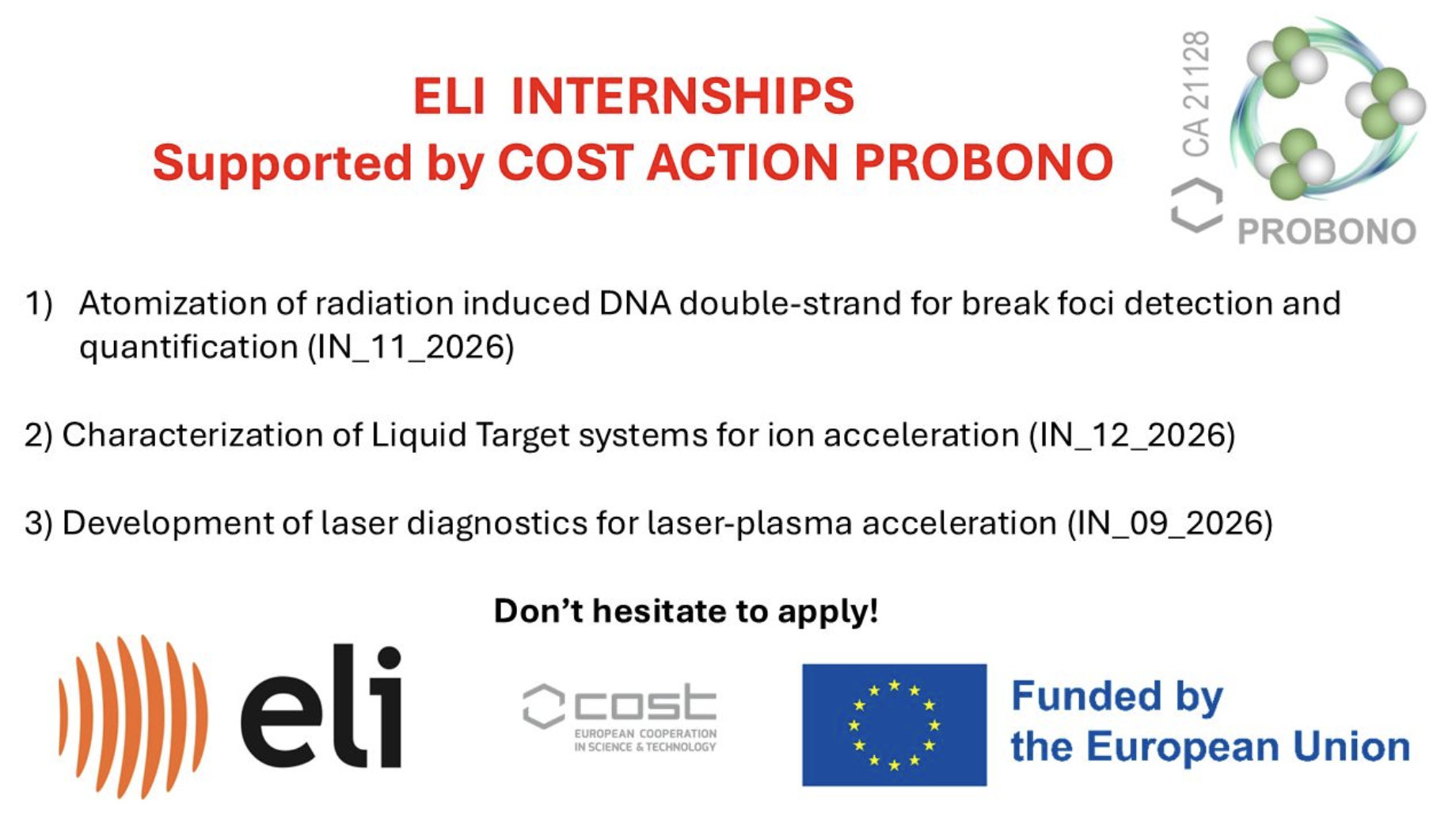  Internships at ELI-Beamlines, supported by PROBONO